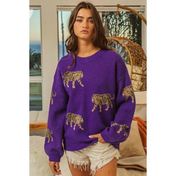 BiBi Sweaters - BiBi Tiger Pattern Long Sleeve Sweater
